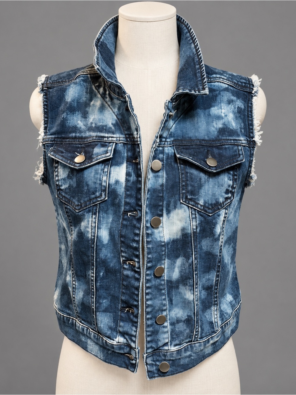 Rocker Tie Dye Frayed Blue Jean Vest Top